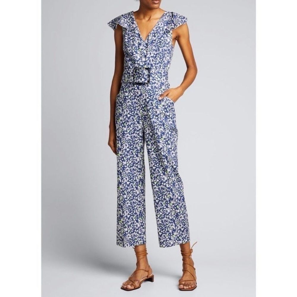 Tanya Taylor Avalon Confetti Blue Floral Belted Jumpsuit Linen Blend Size 0 NWT
